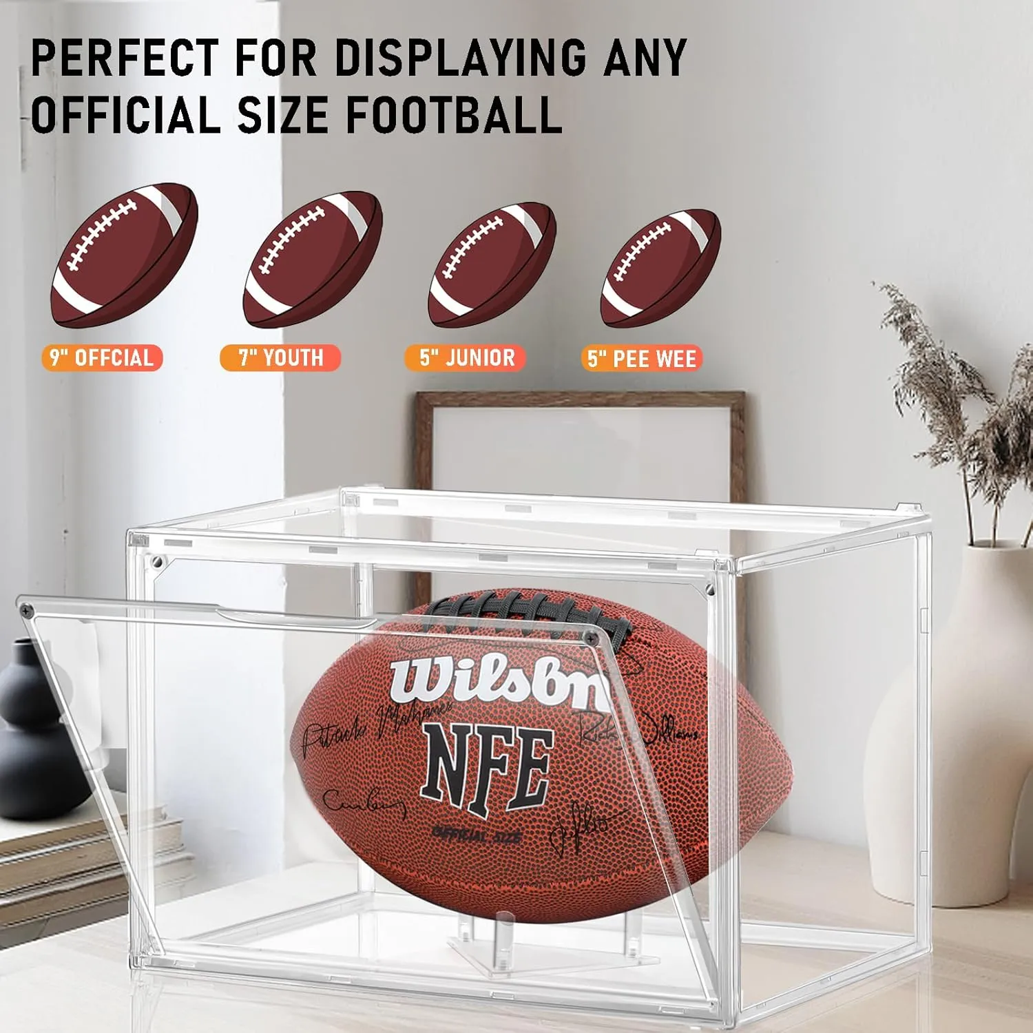 3 Pack Football Display Case, KKU Acrylic Clear Football Case Full Size with Magnetic Door, Professional Memorabilia Football Display Boxes Football Holder Dust and UV Protection