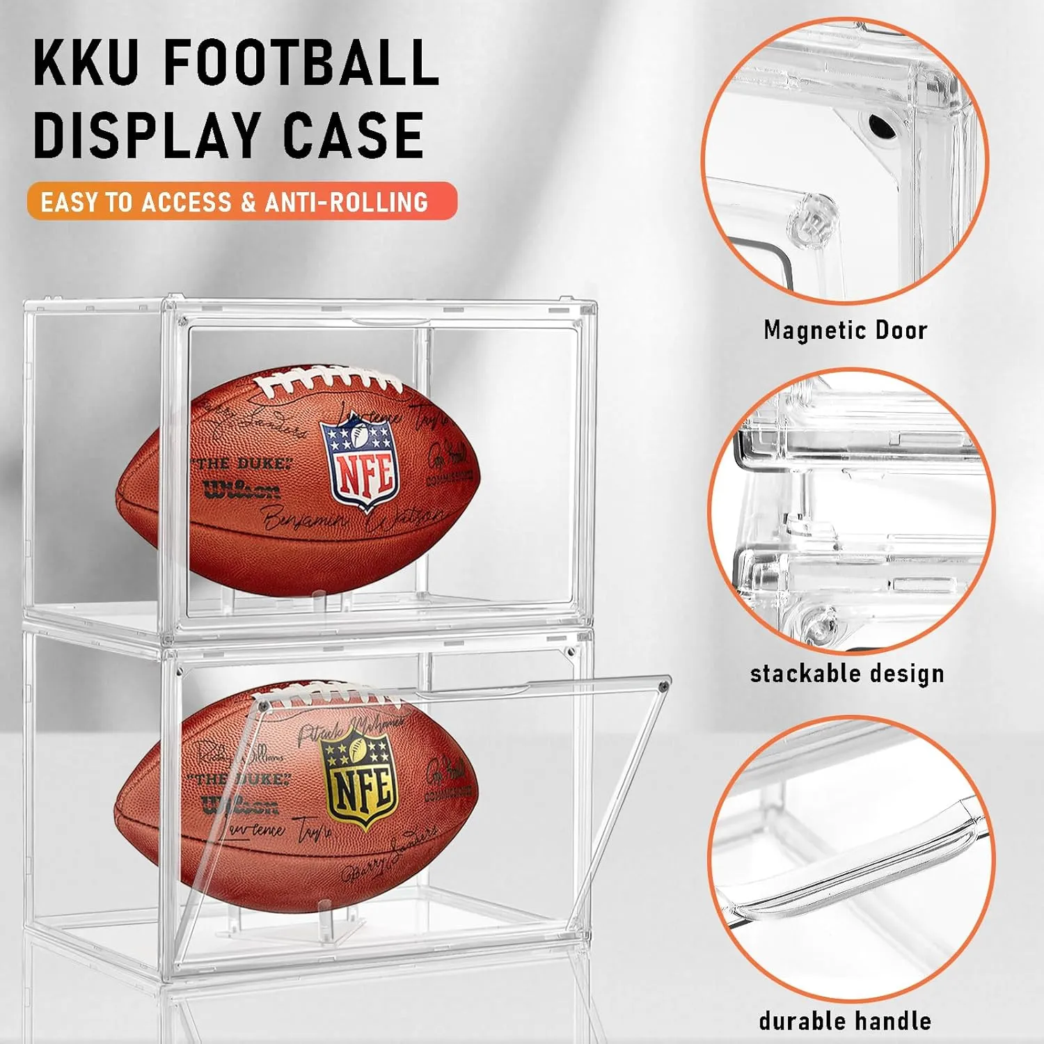 3 Pack Football Display Case, KKU Acrylic Clear Football Case Full Size with Magnetic Door, Professional Memorabilia Football Display Boxes Football Holder Dust and UV Protection