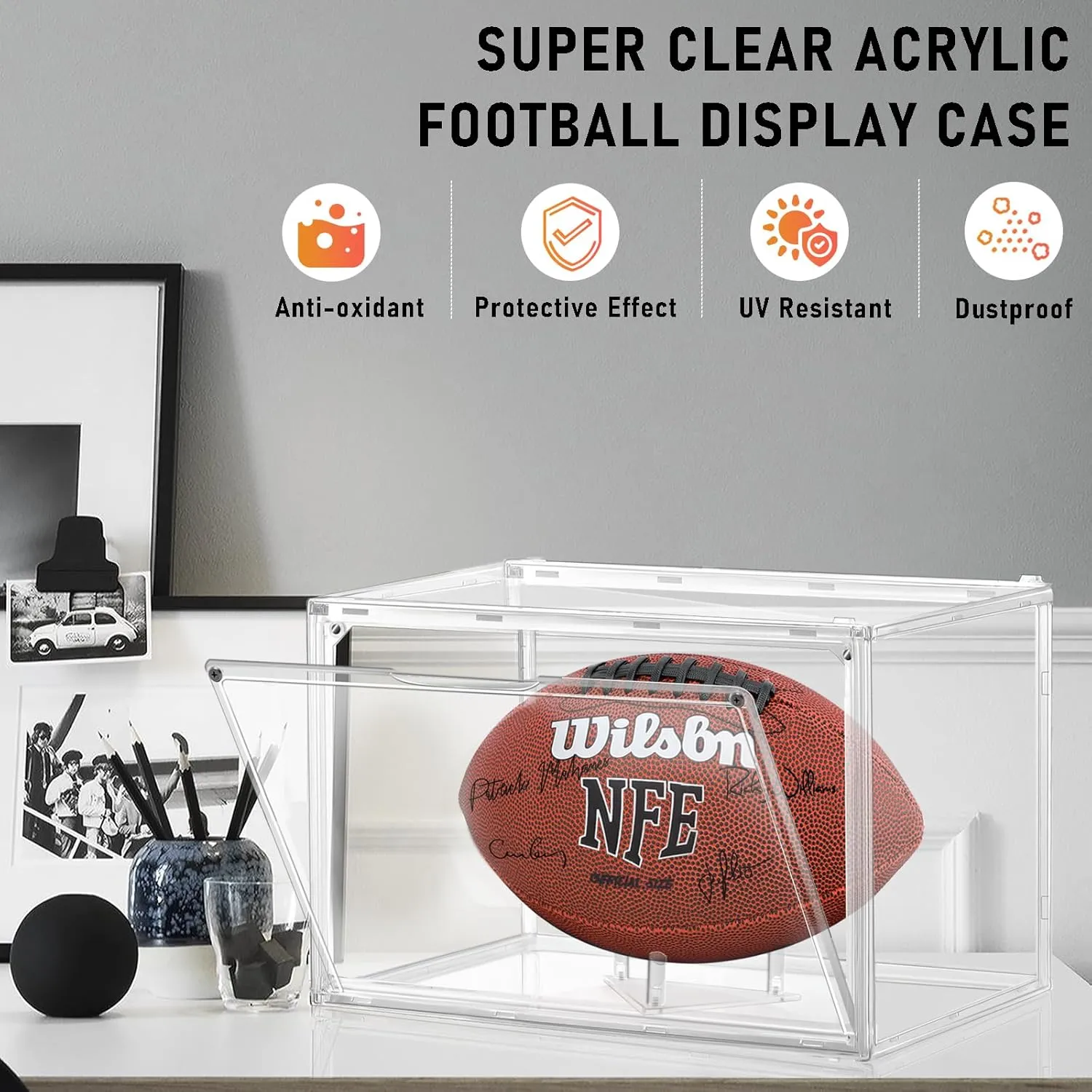 3 Pack Football Display Case, KKU Acrylic Clear Football Case Full Size with Magnetic Door, Professional Memorabilia Football Display Boxes Football Holder Dust and UV Protection