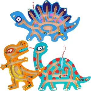 3-Pack Wooden Magnetic Maze Toys for Kids 3 , Dinosaur Interactive Puzzle Game Boards Montessori Labyrinth STEM Activity Child Fine Motor Skill Development Preschool Birthday Gifts (3 Dinosaurs)