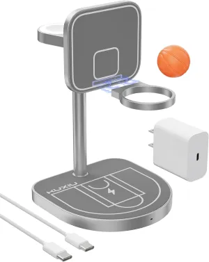 3-Point Power 3 in 1 Charging Station for Apple, KU XIU X85 Aluminum Alloy Magnetic Wireless Charger Stand with Mini Basketball & Hoop for iPhone 16/15/14/13/12, 5W for Apple Watch, AirPods, Gray