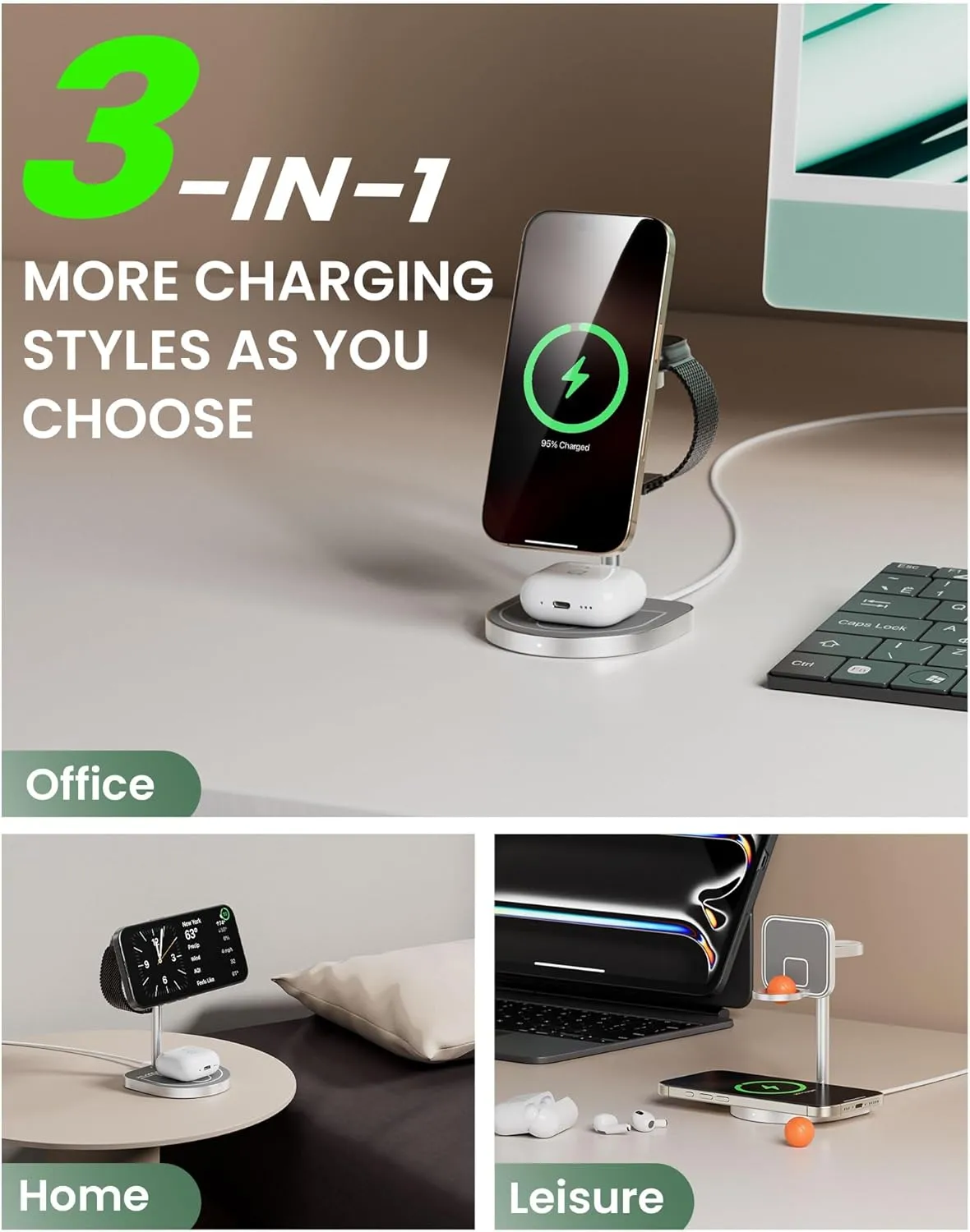 3-Point Power 3 in 1 Charging Station for Apple, KU XIU X85 Aluminum Alloy Magnetic Wireless Charger Stand with Mini Basketball & Hoop for iPhone 16/15/14/13/12, 5W for Apple Watch, AirPods, Gray