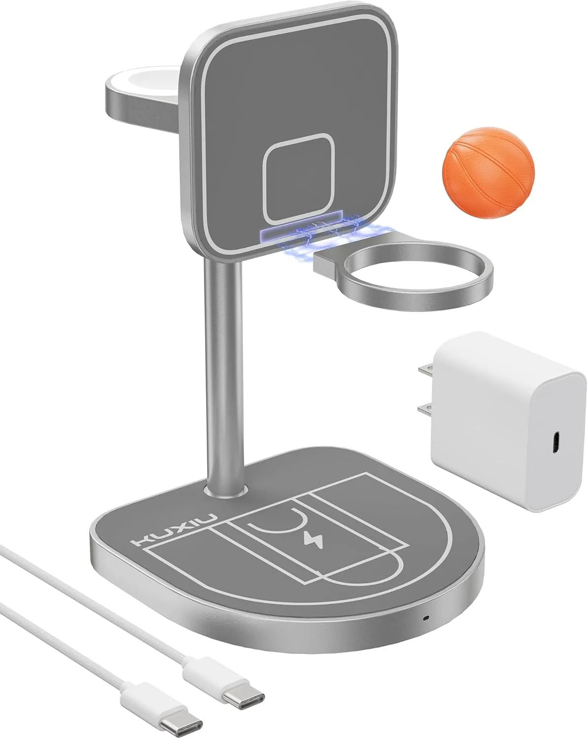 3-Point Power 3 in 1 Charging Station for Apple, KU XIU X85 Aluminum Alloy Magnetic Wireless Charger Stand with Mini Basketball & Hoop for iPhone 16/15/14/13/12, 5W for Apple Watch, AirPods, Gray