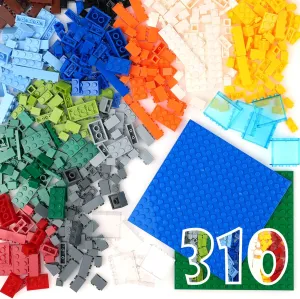310 Pieces Classic Bricks Parts Pack, 2 Stackable Base Plates Transparent Flat Plates and Basic Creative Bulk Blocks, Compatible Starter Building Blocks in Random Color - Mixed Shape