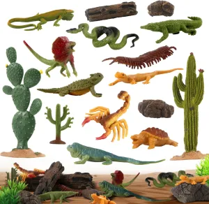 32Pcs Desert Reptiles Animals Figures Toys Resin Diorama Lizard Snake Cactus Trees Rock Playset for Kids Toddlers Cake Decoration Birthday Halloween Party Favor School Projects