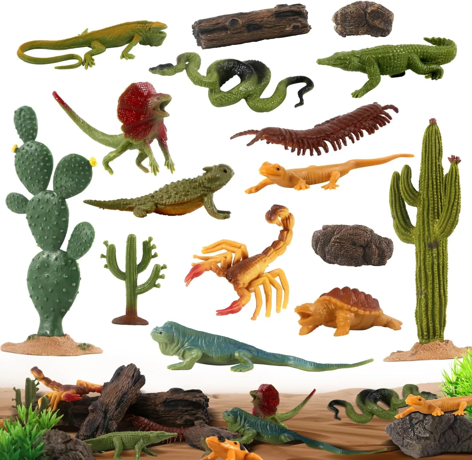 32Pcs Desert Reptiles Animals Figures Toys Resin Diorama Lizard Snake Cactus Trees Rock Playset for Kids Toddlers Cake Decoration Birthday Halloween Party Favor School Projects