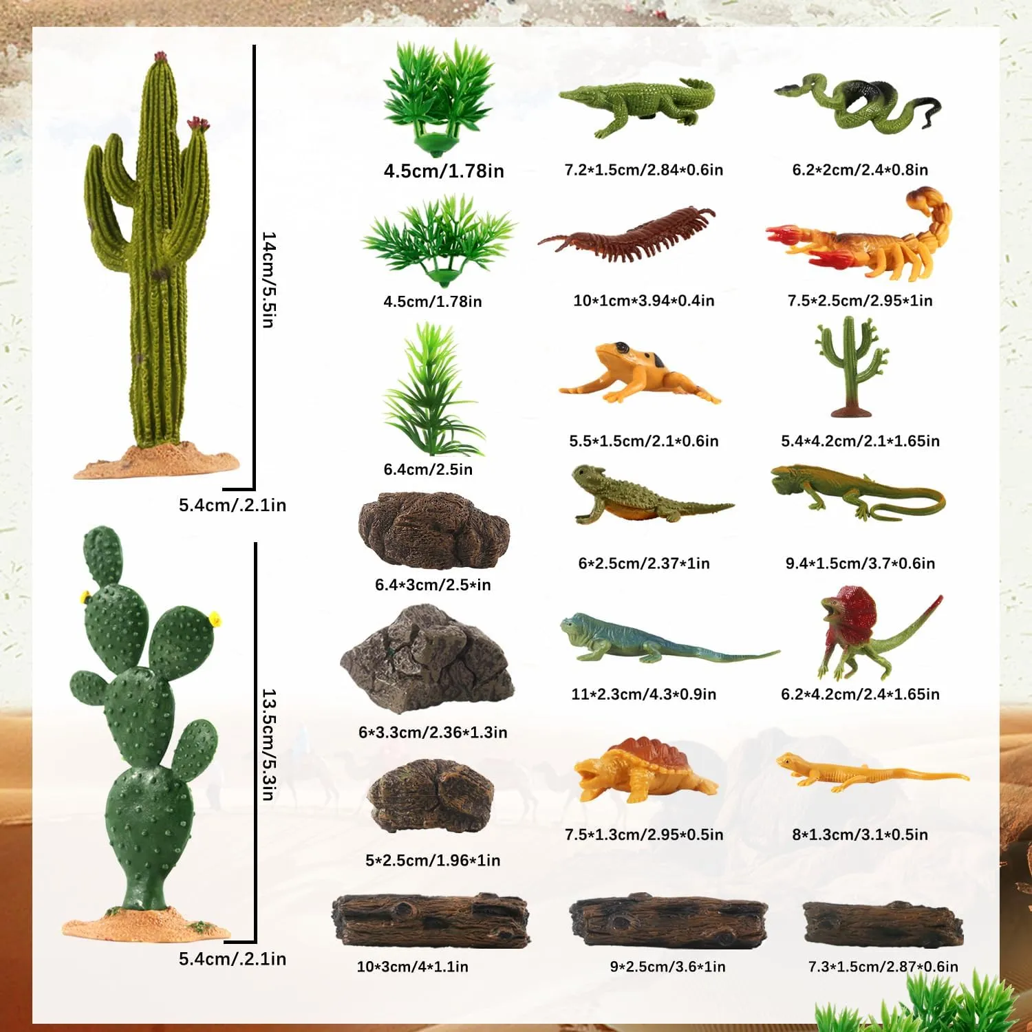 32Pcs Desert Reptiles Animals Figures Toys Resin Diorama Lizard Snake Cactus Trees Rock Playset for Kids Toddlers Cake Decoration Birthday Halloween Party Favor School Projects