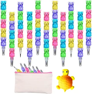 32pcs Stackable Pencils Plastic Bear Pencils 5 in 1 Stacking Colored Pencils with Turtle Erasers and DIY Blank Bag For Birthday Party Supplies