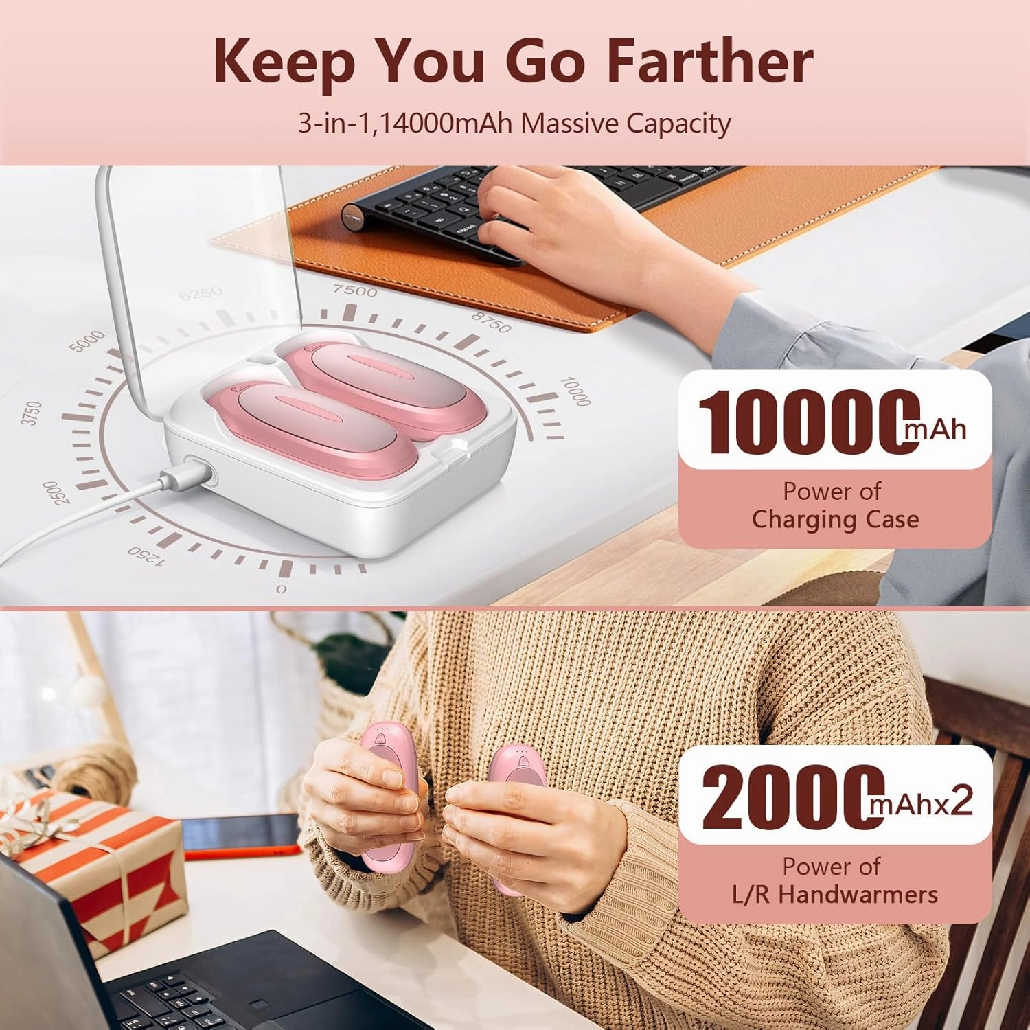 3-in-1 Electric Hand Warmers Rechargeable 2 Pack,14000mAh Portable Dual-Sided Handwarmer with Charging Case, 3 Levels Fast Heating Pocket Warmers,Gifts for Men,Women,Raynauds,Hunting Gear