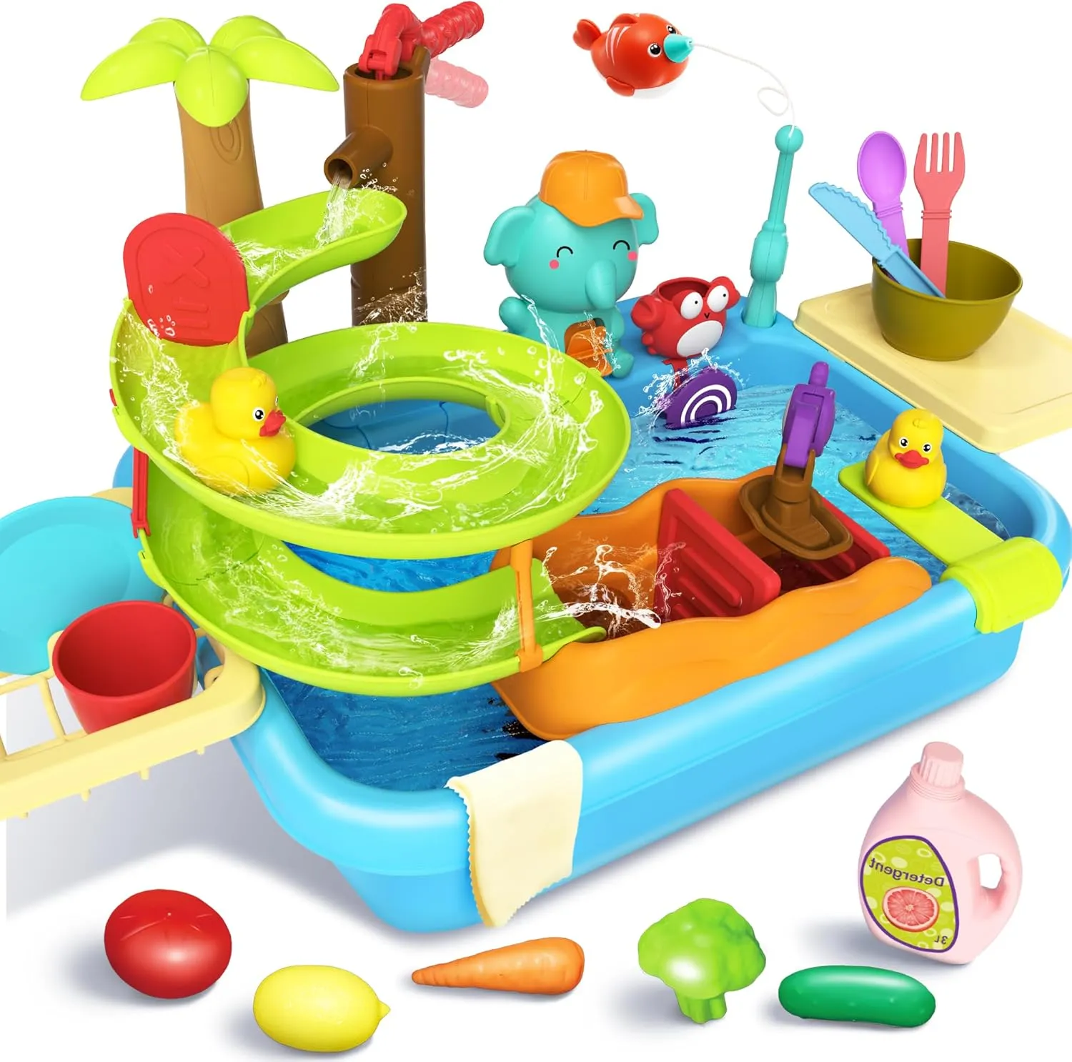 4-in-1 Kitchen Sink Toy with Upgraded Water Slide Track, Magnetic Fishing Game Floating Toys for Water Play, Pretend Play Dishwasher for Kids Toddlers 1-3 3-8 (Blue)