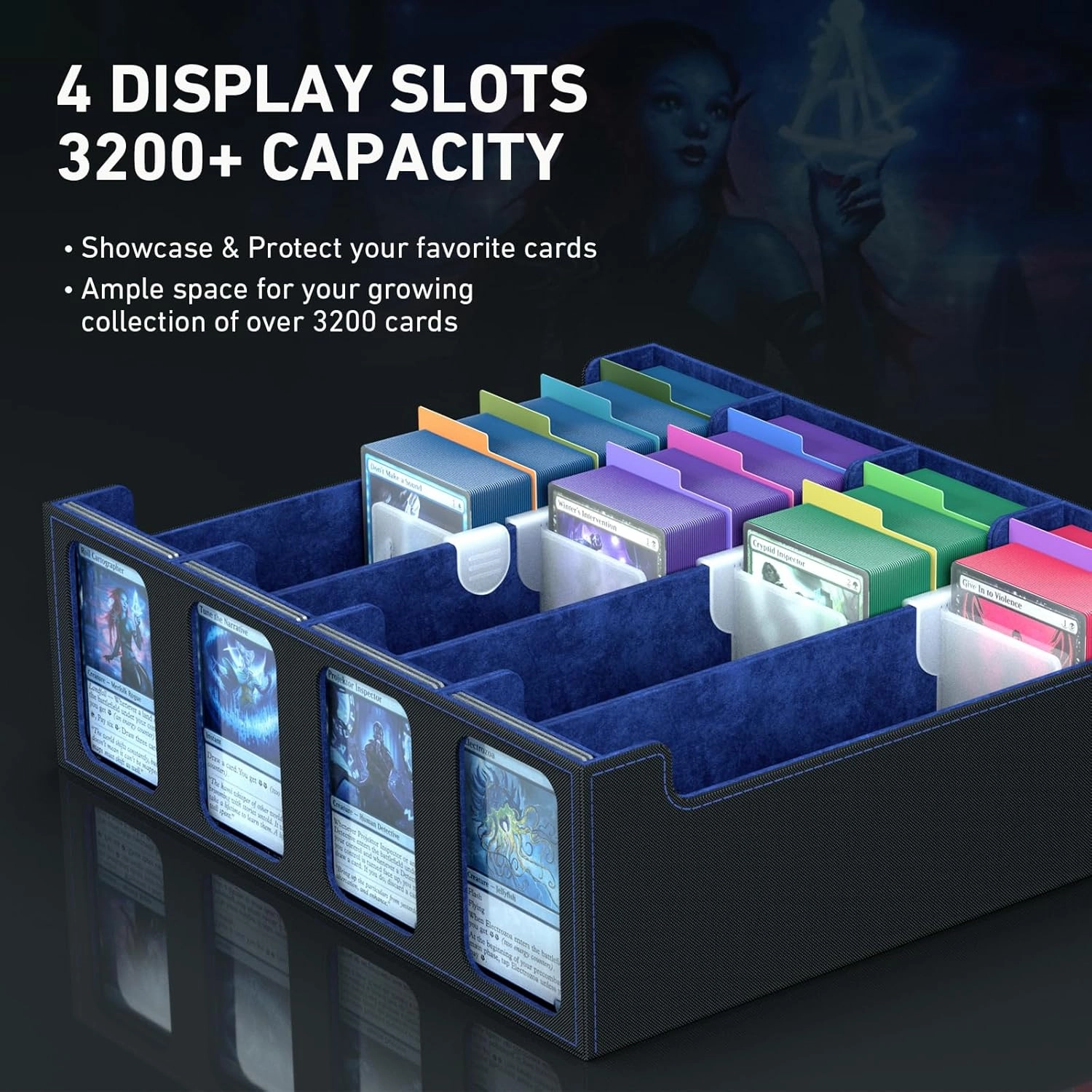4-Row Trading Card Storage Box, Bulk Cards Case for 3200  Mtg tcg Magic Playing Game Card Organizer, Commander Deck Box with 4 Supports & 24 Dividers & Strap & 101 Sleeves