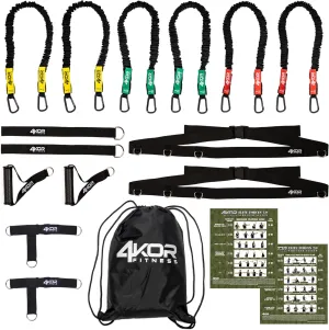 4KOR Deluxe Shoulder and Full Body Cross Anchored Resistance Cord System with Interchangeable Handles, Foot Straps, and Workout Guide. Exercise Bands with Nylon Sleeves, Anchors, and Carry Bag