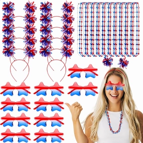 50 Pcs Patriotic Party Accessories 4th of July Independence Day Hair Ornaments, Star Sunglasses and Necklace Red White Blue Party Favors and Memorial Day Supplies (Classic Color,Classic)