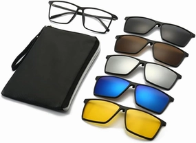 5Pcs Magnetic Clip On & Stick On Sunglasses Polarized UV400 Protection - Interchangeable Lenses Retro Square Frame for Men & Women Day/Night Driving