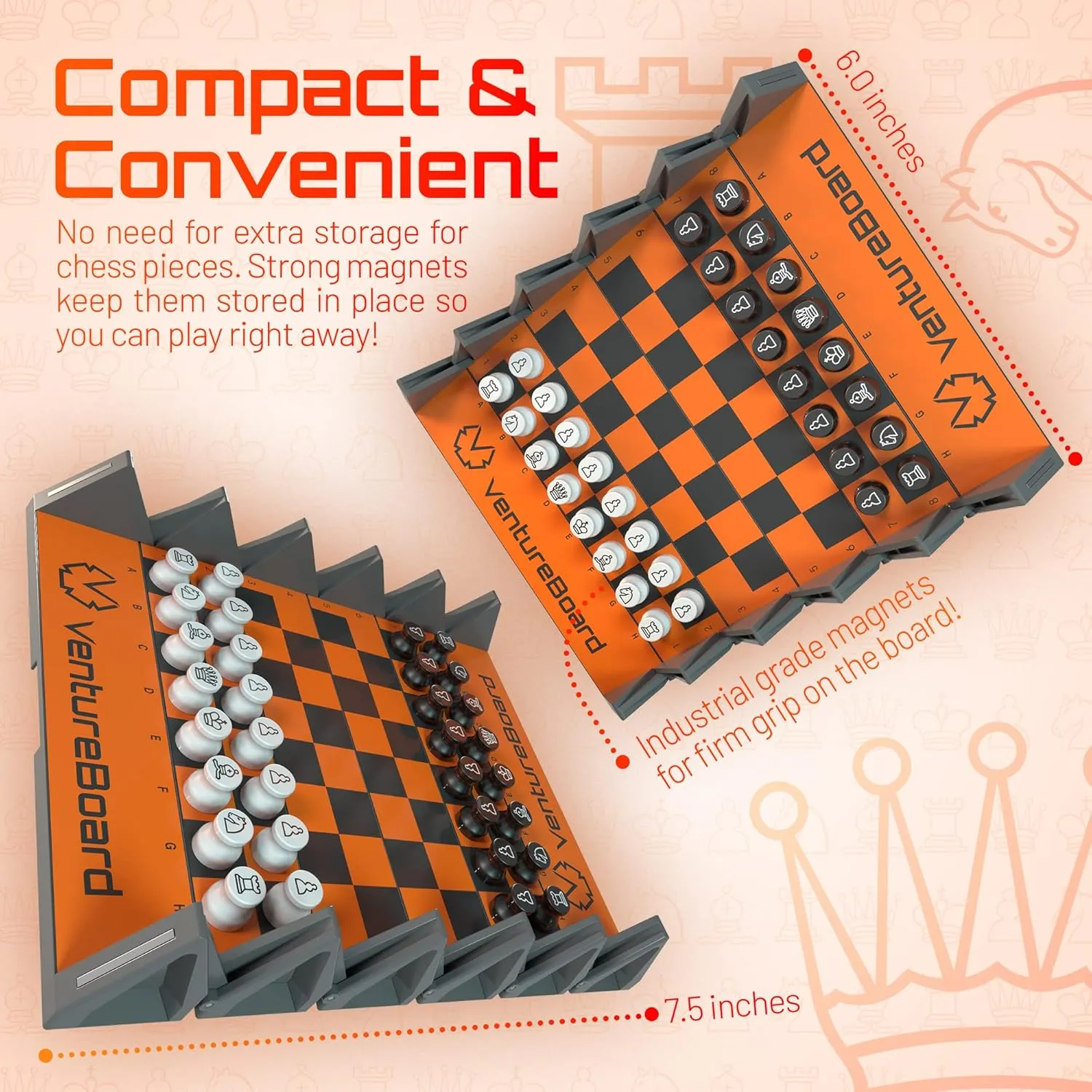 6 Inches Magnetic Unique Chess Set Board Game - 2 Extra Queens - Folding Board, Portable Travel Chess Board Game Pieces - Orange/Grey
