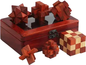 6 Pcs Brain Teaser Puzzles Set, 3D Wooden Puzzles, Fun IQ Logic Games, Assembly Disentanglement Puzzles Interlocking Lock Games, Xmas Novelty Gifts with Premium Wooden Box