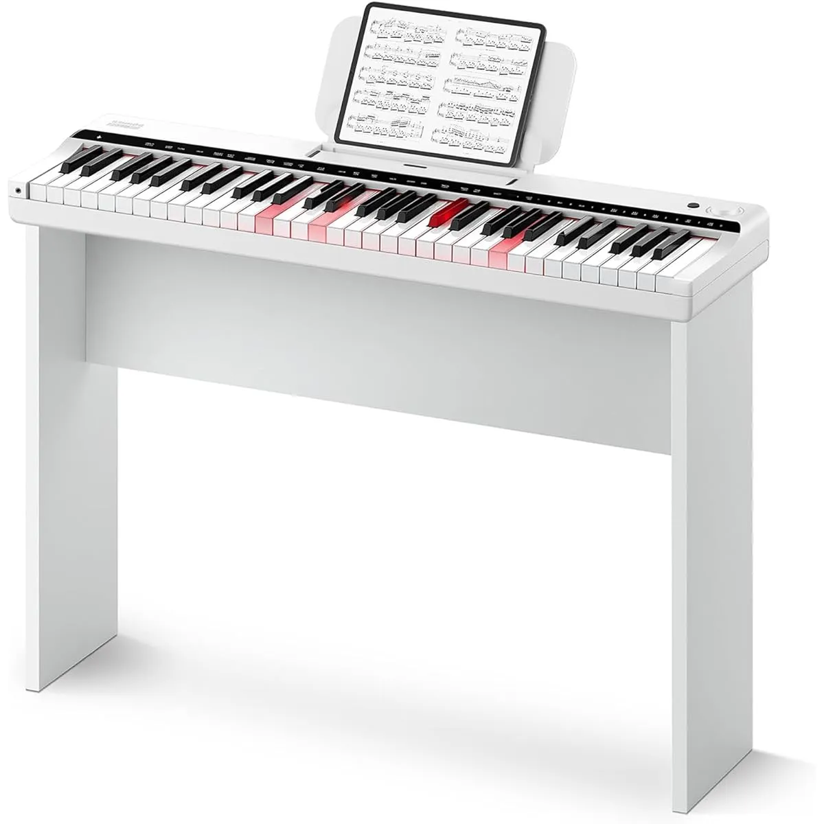 61 Keys, Glowing Keyboard, Rechargeable, 500 Tones, 300 Rhythms, 60 Demos, MIDI Compatible, Lightweight, Compact, Easy to Carry, Beginners, Children, Practice, Wooden Stand, Music Stand, Power Adapter, Japanese Instruction Manual Included DK-10S (White)