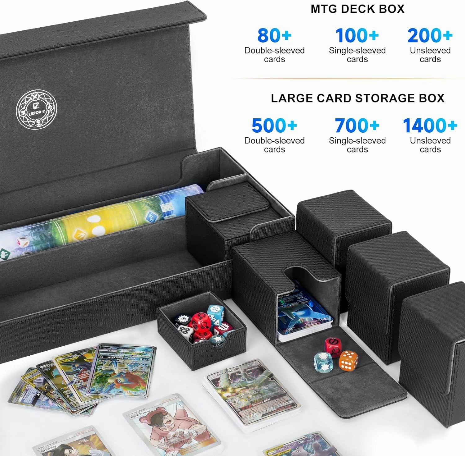 6 in1 Card Deck Box Set,X-Large Premium Trading Card Storage Case with 5 Small Box,Magnetic Game Deck Display Case Compatible with MTG/TCG/Yugioh/Magic/Commander(Black＆Grey)
