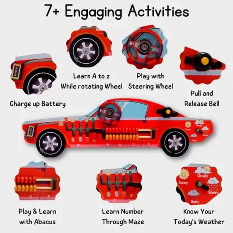 7-in-1 Activities Wooden Racing Busy Board Sports Car (3-7 Years) | Red
