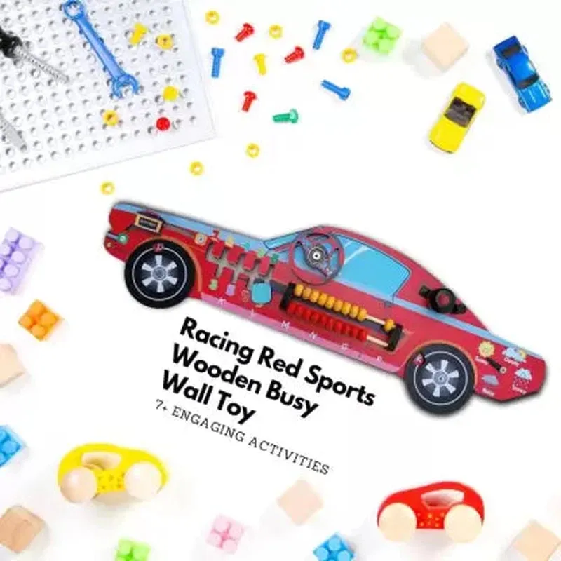 7-in-1 Activities Wooden Racing Busy Board Sports Car (3-7 Years) | Red