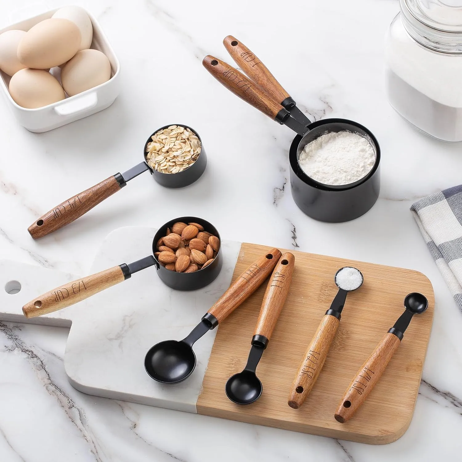 8 Piece Measuring Cups Set and Measuring Spoons Set-Nesting Kitchen Measuring Set, Liquid and Dry Measuring Cup Set (Black)
