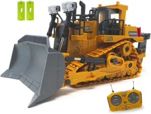 9-Channels Remote Control Bulldozer Toy - RC Construction Vehicle for Kids, Metal Dozer Blade and Looseners, Dual Rechargeable Batteries, Realistic Sounds, Lights, Crawler Heavy Duty Truck Toy