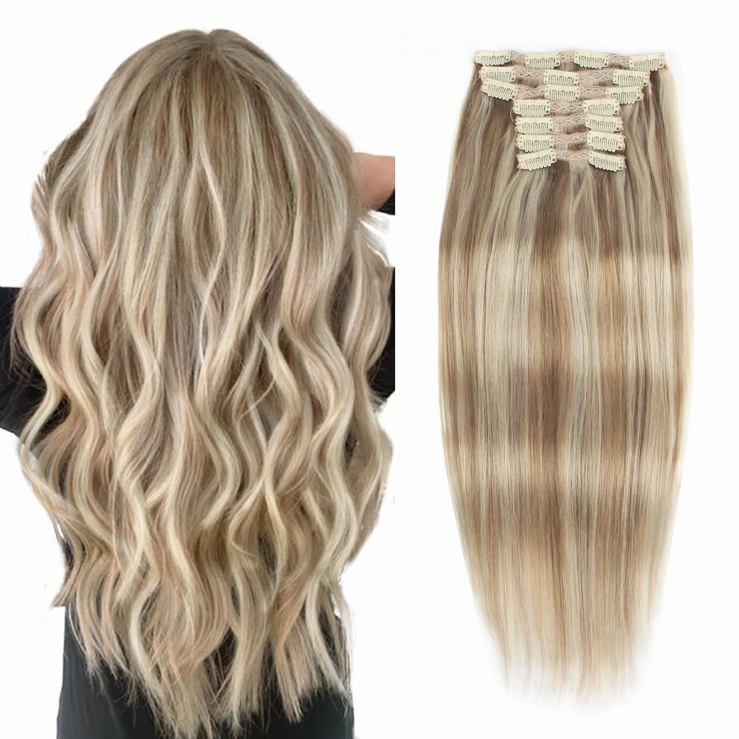 9A Grade Clip in Hair Extensions Human Hair, Piano Color Ash Brown/Light Chestnut Brown Fading to Platinum Ash Blonde P8/60, Silky Straight Virgin Human Hair 20 inch 120g 7 pieces 18 clips