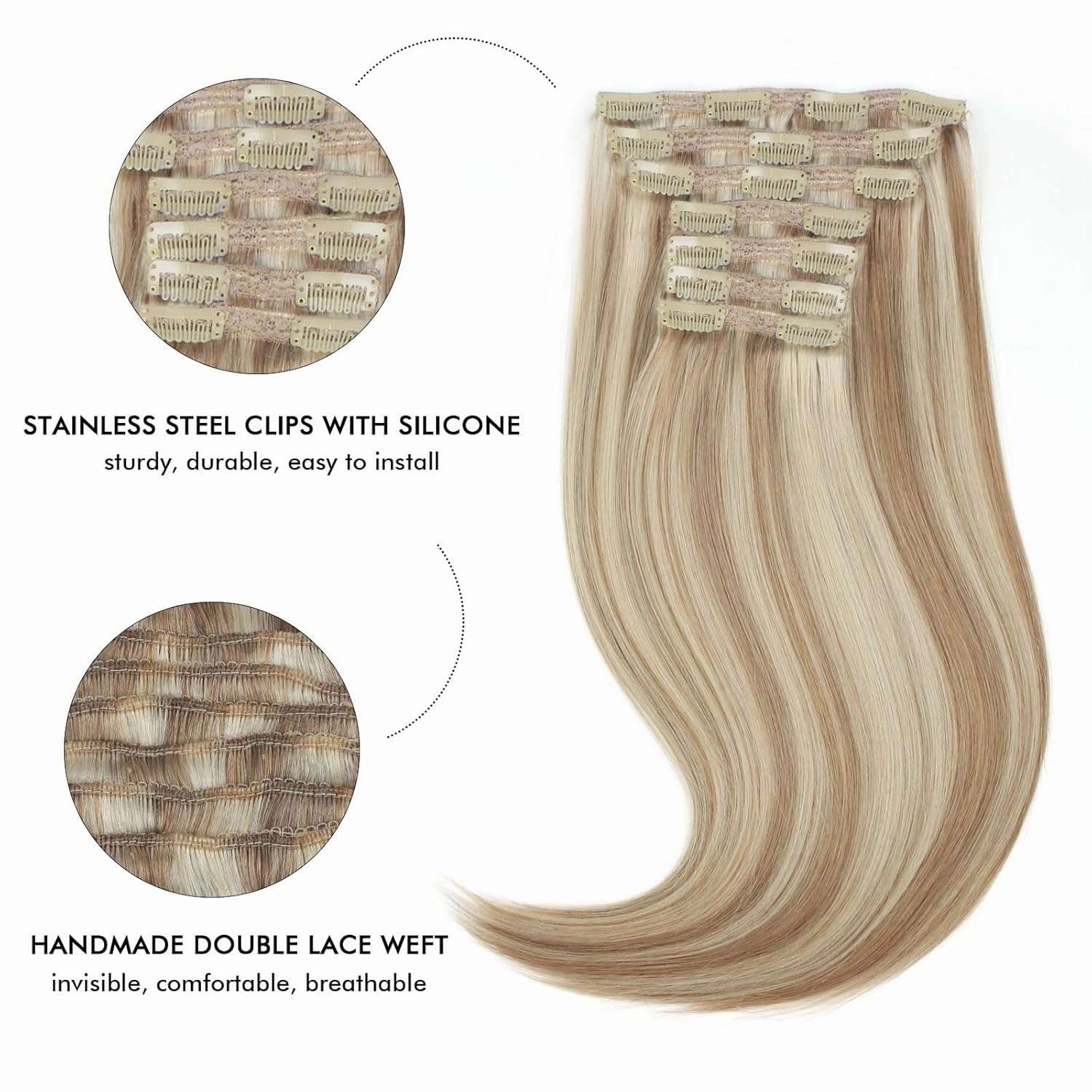 9A Grade Clip in Hair Extensions Human Hair, Piano Color Ash Brown/Light Chestnut Brown Fading to Platinum Ash Blonde P8/60, Silky Straight Virgin Human Hair 20 inch 120g 7 pieces 18 clips