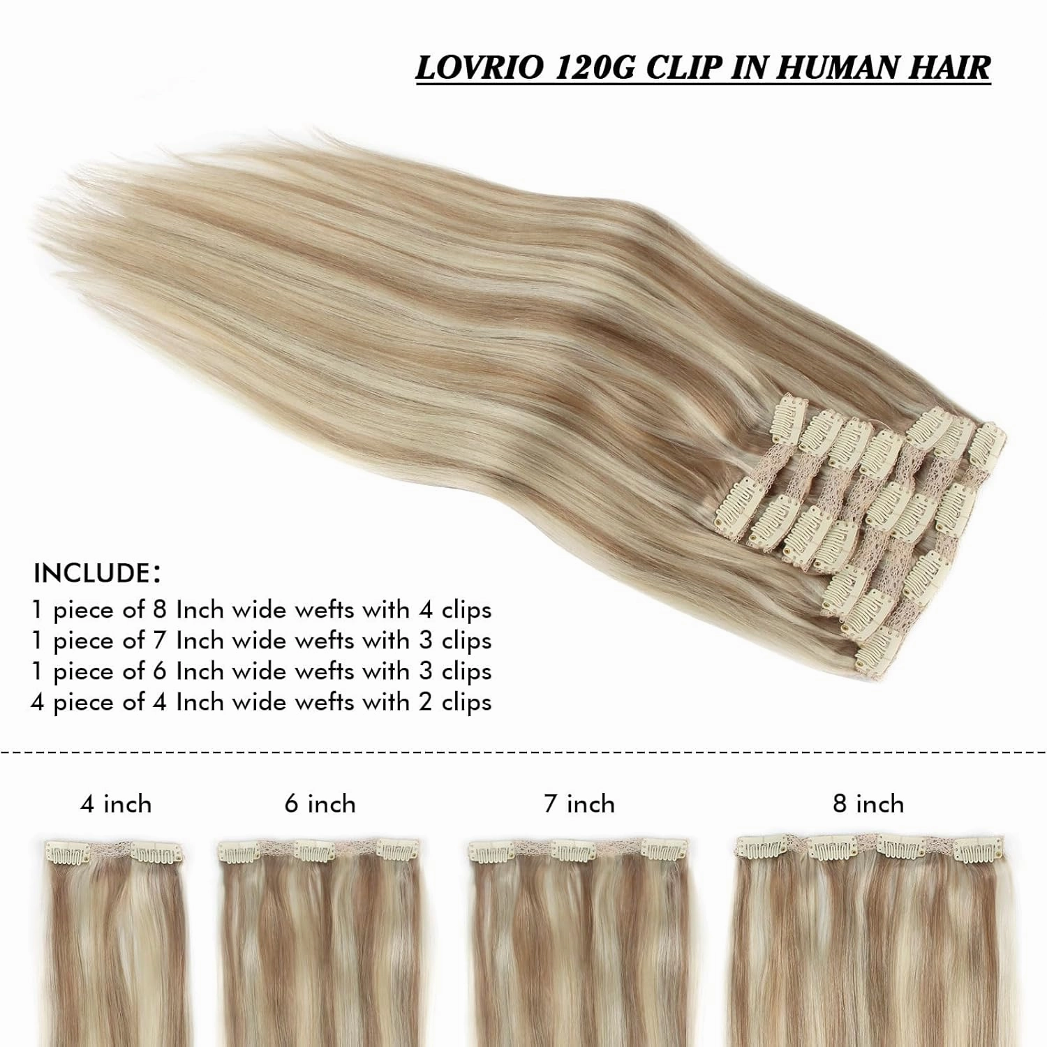 9A Grade Clip in Hair Extensions Human Hair, Piano Color Ash Brown/Light Chestnut Brown Fading to Platinum Ash Blonde P8/60, Silky Straight Virgin Human Hair 20 inch 120g 7 pieces 18 clips