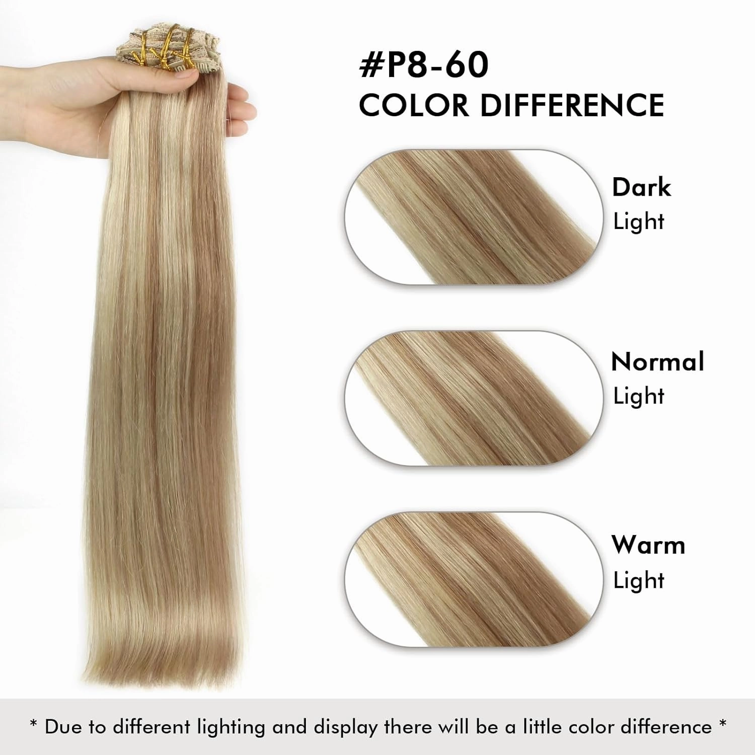 9A Grade Clip in Hair Extensions Human Hair, Piano Color Ash Brown/Light Chestnut Brown Fading to Platinum Ash Blonde P8/60, Silky Straight Virgin Human Hair 20 inch 120g 7 pieces 18 clips