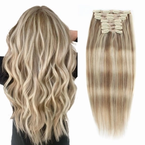 9A Grade Clip in Hair Extensions Human Hair, Piano Color Ash Brown/Light Chestnut Brown Fading to Platinum Ash Blonde P8/60, Silky Straight Virgin Human Hair 20 inch 120g 7 pieces 18 clips