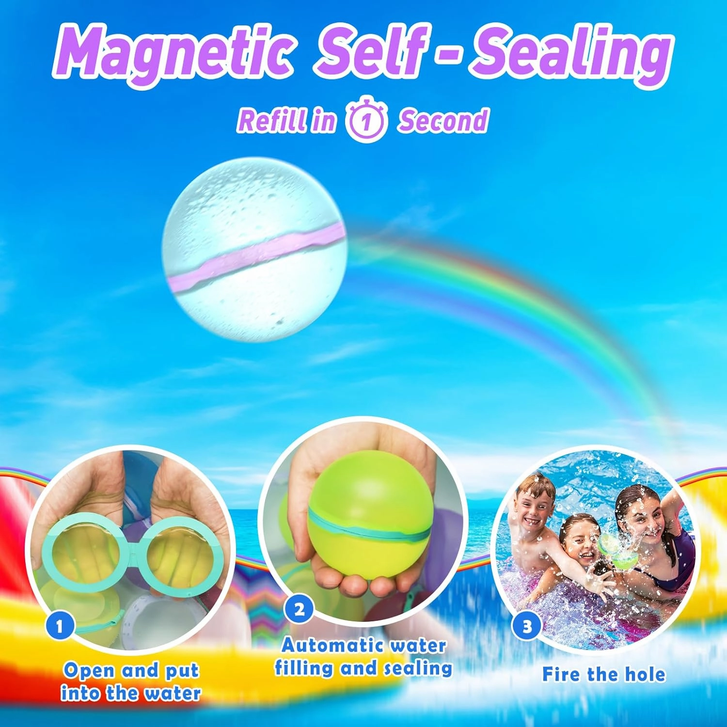 【24 Pack】Magnetic Reusable Water Balloons Fast Refillable for Kids Outdoor Activities, latex-free Kids Pool Beach Bath Toys, Self-Sealing Water Bomb Quick Fill for Summer Games