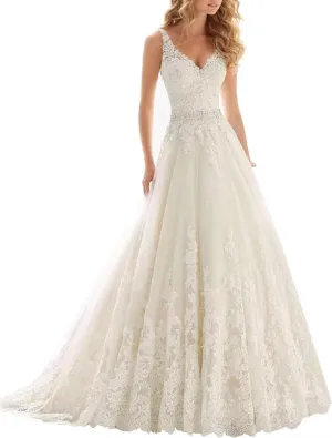 A Line Tulle Wedding Dresses for Bride V Neck Sleeveless Bridal Gowns Lace Appliques Boho Floral Wedding Gowns 2025