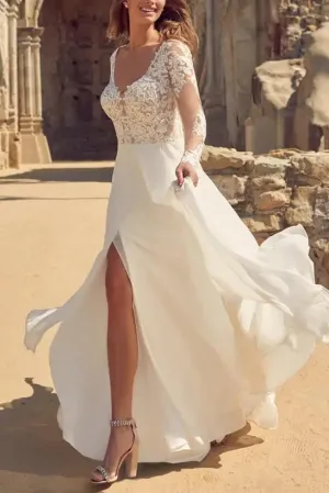 A Line V neck Long Sleeves Lace/Tulle Wedding Dress With Front Split