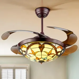 A Million 42inch Tiffany Ceiling Fans with Light Retractable Blades Remote Control 3 Speeds Dimmable Light Retro LED Chandelier Pendant Craft-Made Colorful Lampshade Silent Motor with LED Kits