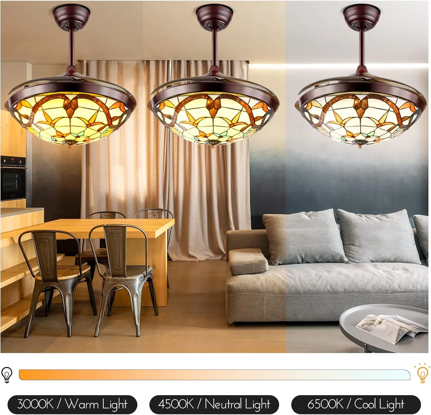 A Million 42inch Tiffany Ceiling Fans with Light Retractable Blades Remote Control 3 Speeds Dimmable Light Retro LED Chandelier Pendant Craft-Made Colorful Lampshade Silent Motor with LED Kits