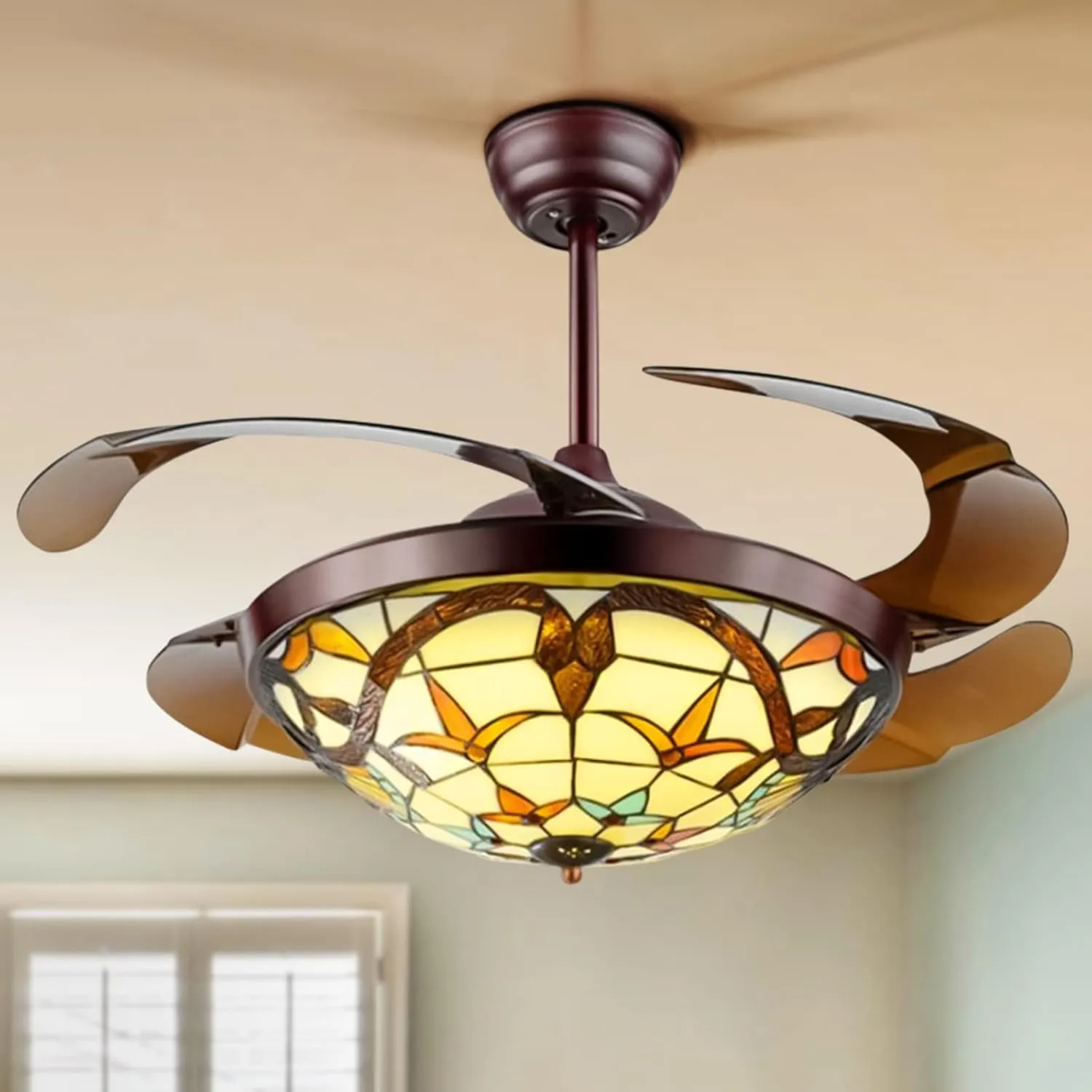 A Million 42inch Tiffany Ceiling Fans with Light Retractable Blades Remote Control 3 Speeds Dimmable Light Retro LED Chandelier Pendant Craft-Made Colorful Lampshade Silent Motor with LED Kits