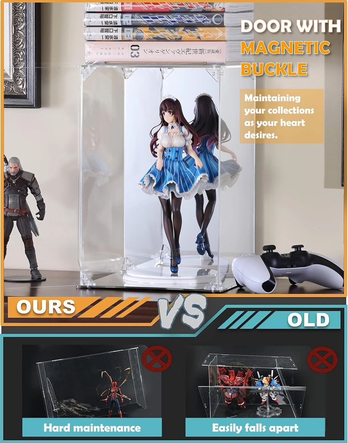 Acrylic Display Case, Mirrored Back and Base, UV Protected, Front Door with Magnetic Buckle, Display Box, Dustproof Showcase for Figures, Collections, Models toys (10x10x14 inch, 25x25x35 cm)