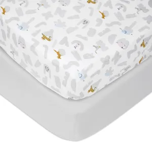 aden   anais Essentials Classic Poplin Crib Sheets, 100% Cotton Fitted Sheet, Standard Crib Mattress Topper for Baby Boys and Girls, 2 Pack, Alphabet Animals