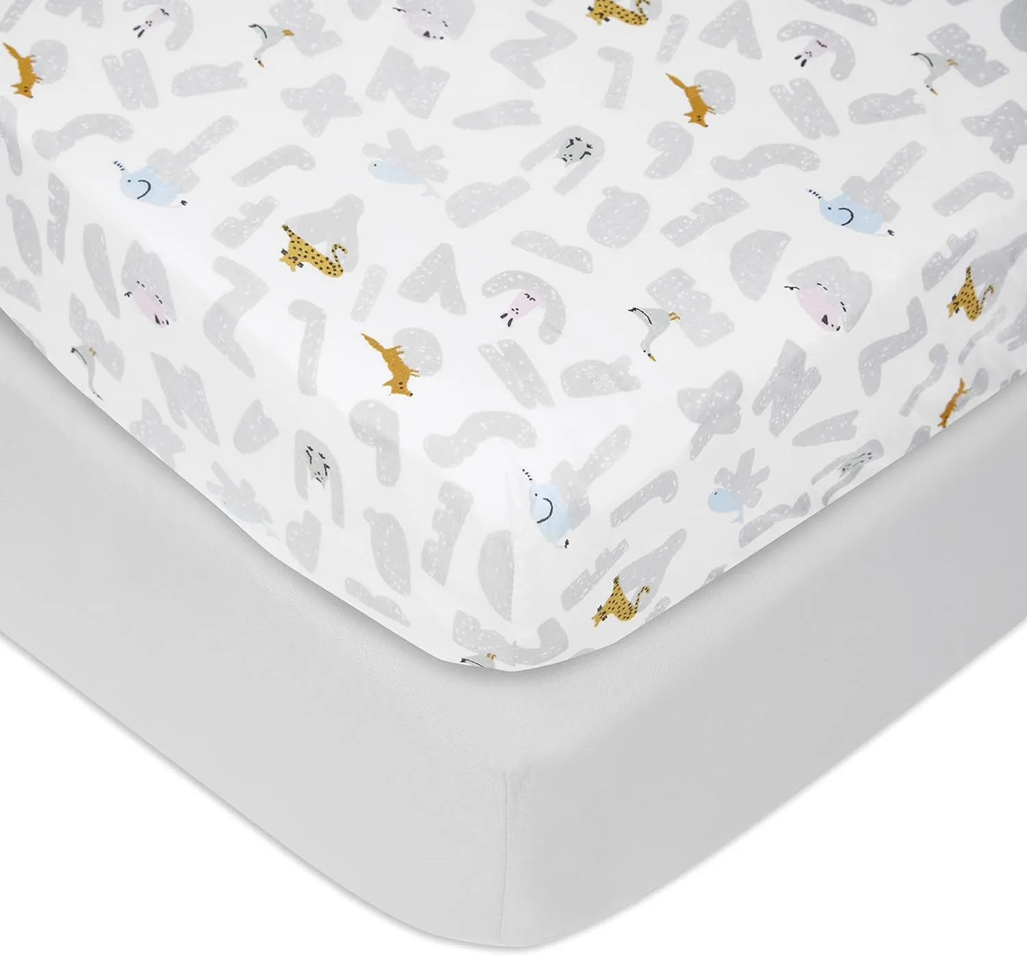 aden   anais Essentials Classic Poplin Crib Sheets, 100% Cotton Fitted Sheet, Standard Crib Mattress Topper for Baby Boys and Girls, 2 Pack, Alphabet Animals