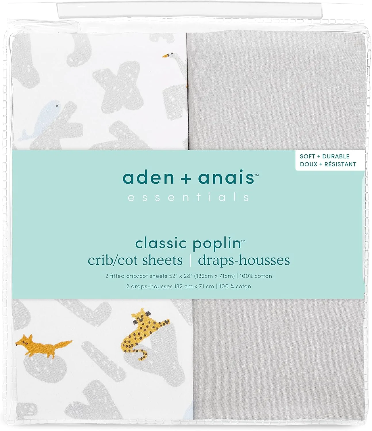 aden   anais Essentials Classic Poplin Crib Sheets, 100% Cotton Fitted Sheet, Standard Crib Mattress Topper for Baby Boys and Girls, 2 Pack, Alphabet Animals