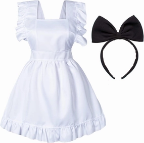 Adult Classic Fancy Cute White Retro Frilly Adorable Maid Waitress Aprons Vintage Costume Bow Headdress Set