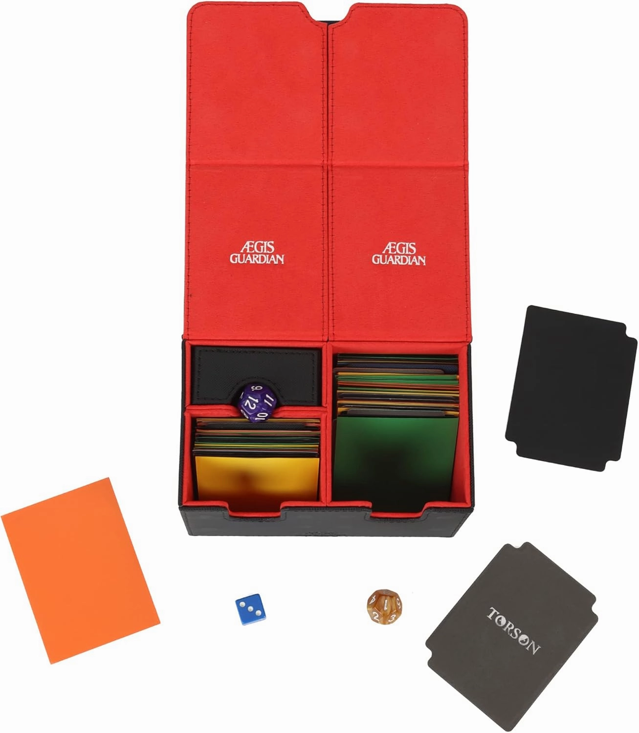 AEGIS GUARDIAN Card Deck Box with Dice Tray for MTG Cards Commander Deck Box Hold 150  Sleeved Cards, PU Leather Strong Magnet Deck Box Deck Game Case Card Storage Box for TCG CCG, Red Inner
