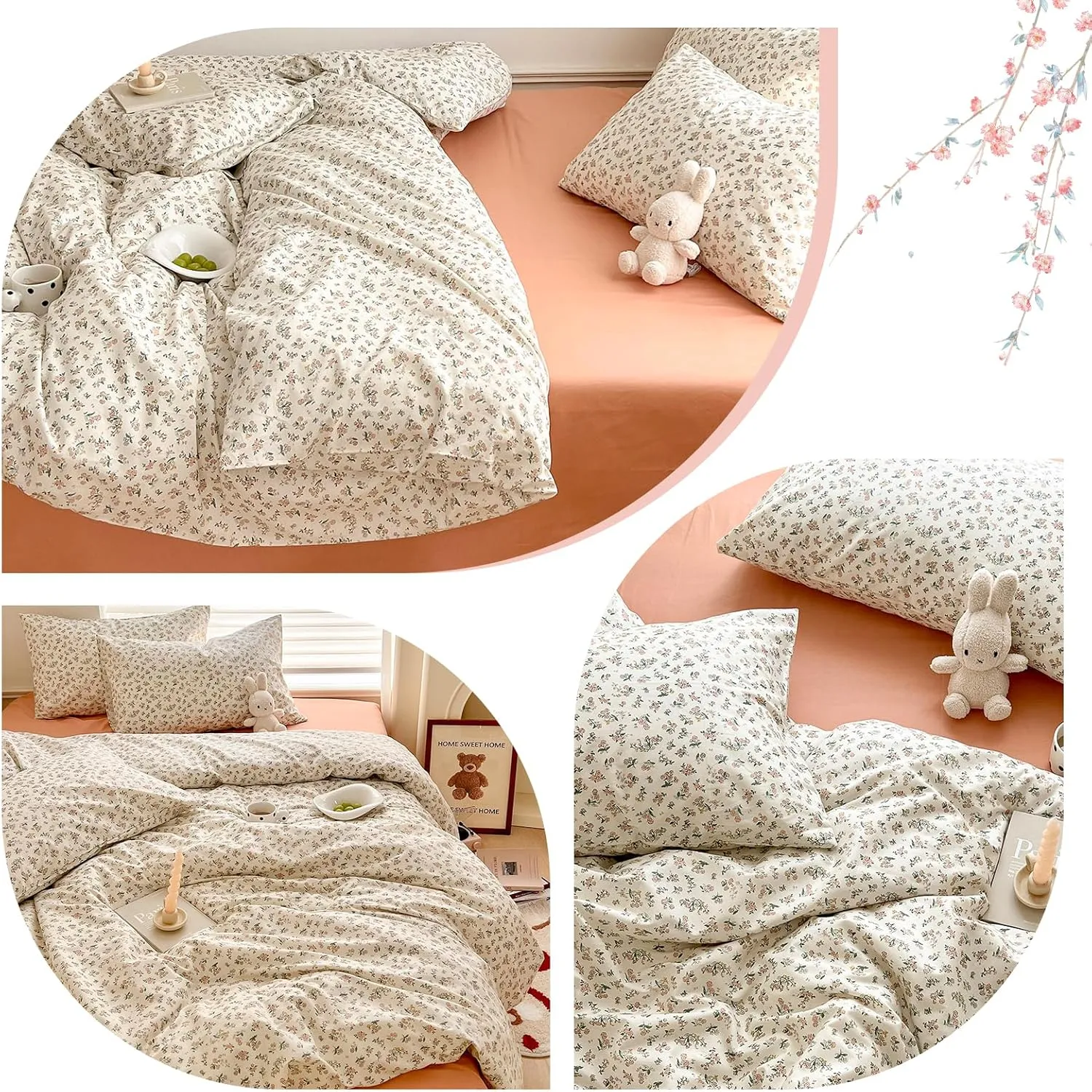 Aesthetic Floral Duvet Cover Queen Cozy Cotton Bedding Set Queen Shabby Chic Green Botanical French Style Duvet Cover Set Off White Comforter Cover with Fresh Flower Pattern, Breathable, Lightweight