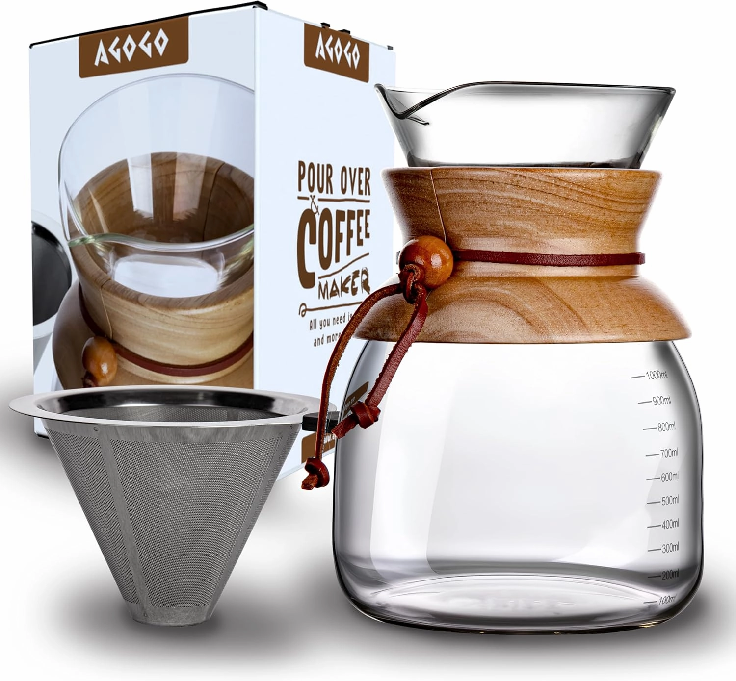 AGOGO Pour Over Coffeemaker Dripper with 304 Stainless Steel Filters Carafe High Capacity 10 Cup