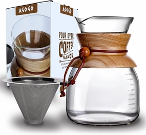 AGOGO Pour Over Coffeemaker Dripper with 304 Stainless Steel Filters Carafe High Capacity 10 Cup
