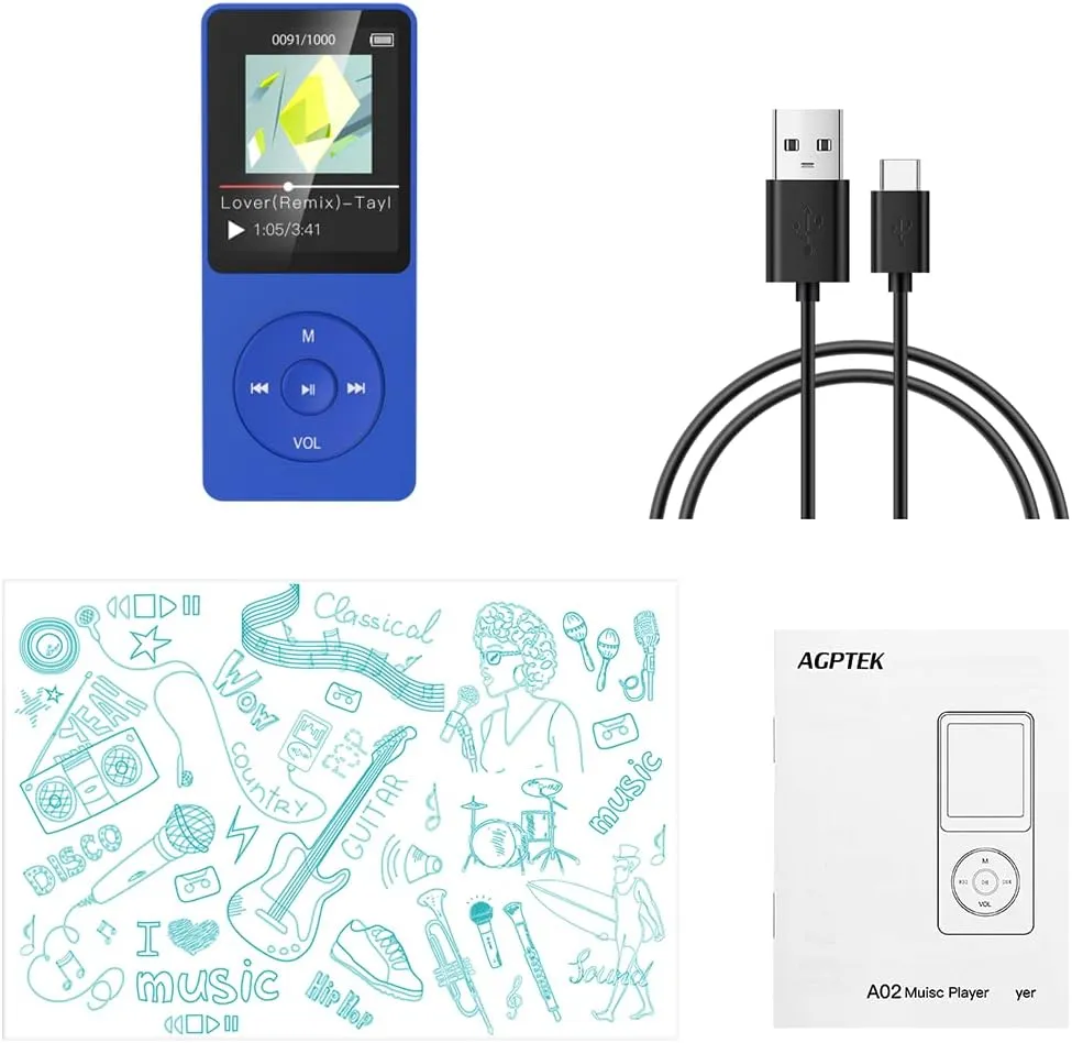 AGPTEK A02S 16GB MP3 Player, 70 Hours Playback Lossless Sound Music Player, Supports up to 128GB, Dark Blue