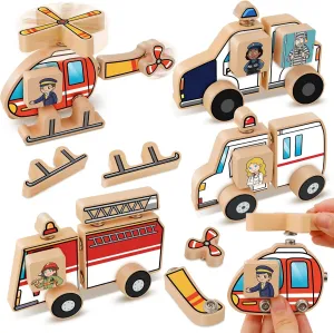 Aizweb Emergency Vehicle Toys,Wooden Police Car, Fire Truck, Ambulance, Helicopter,STEM Kit Fine Motor Blocks Educational Learning Montessori for 4-8 Year Old Boys Girls Community Helper