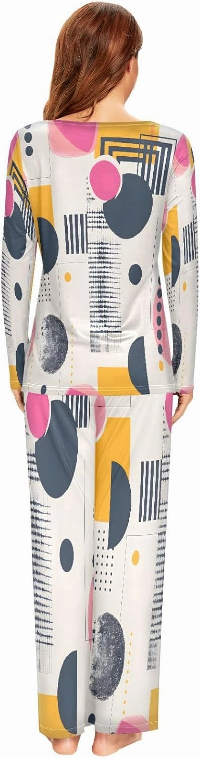 ALAZA Vintage Pink Polka Dots Pajamas Set for Women 2 Piece Long Sleeve Sleepwear Soft Casual Nightwear Lounge Set Loungewear