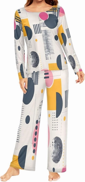 ALAZA Vintage Pink Polka Dots Pajamas Set for Women 2 Piece Long Sleeve Sleepwear Soft Casual Nightwear Lounge Set Loungewear